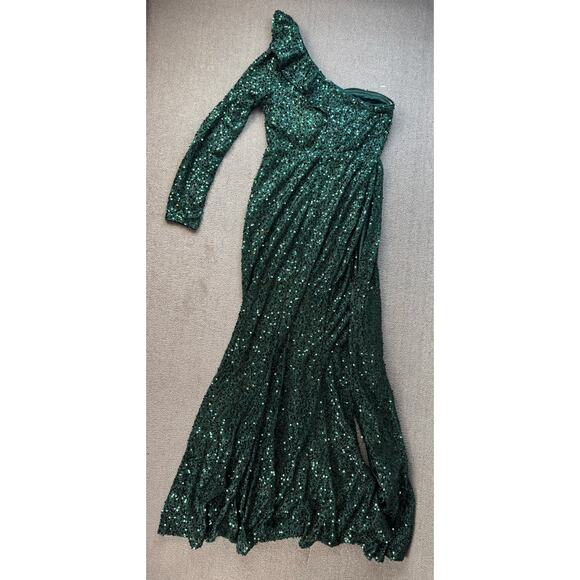 NWT Faeriesty Formal Dress Gown Sz Large Dark Green Sequin One Shoulder Mermaid - Picture 6 of 16